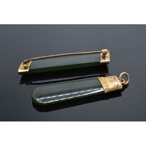 477 - Gold mounted Jade pendant and brooch, not hallmarked but mounts tested as 9ct gold or better. Brooch... 