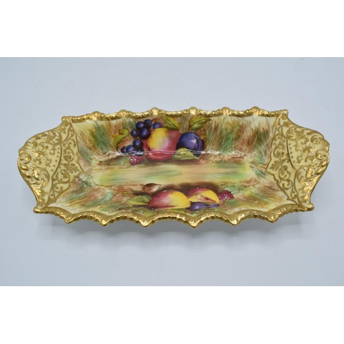 47F - An Aynsley hand-painted rectangular tray with lobed edges with fruit scenes signed by N. Brunt. 24cm... 