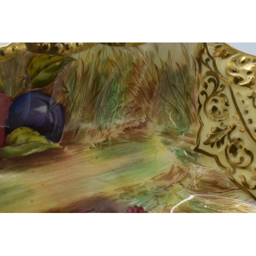 47F - An Aynsley hand-painted rectangular tray with lobed edges with fruit scenes signed by N. Brunt. 24cm... 