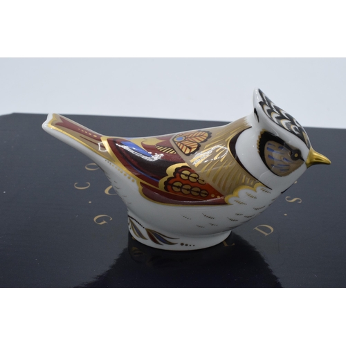 52 - Boxed Royal Crown Derby paperweight Crested Tit. First quality with gold stopper.