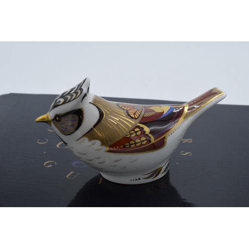 52 - Boxed Royal Crown Derby paperweight Crested Tit. First quality with gold stopper.