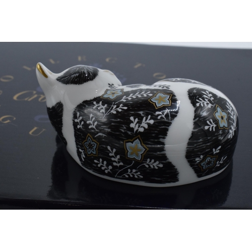 54 - Boxed Royal Crown Derby paperweight Misty the Kitten. First quality with gold stopper.