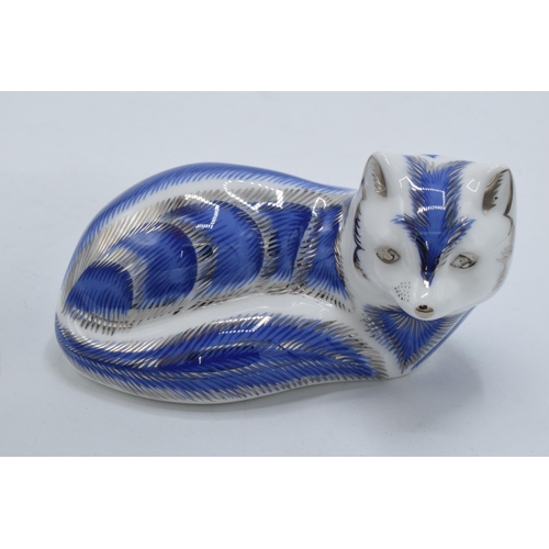 57 - Boxed Royal Crown Derby paperweight Platinum Arctic Fox. First quality with gold stopper.