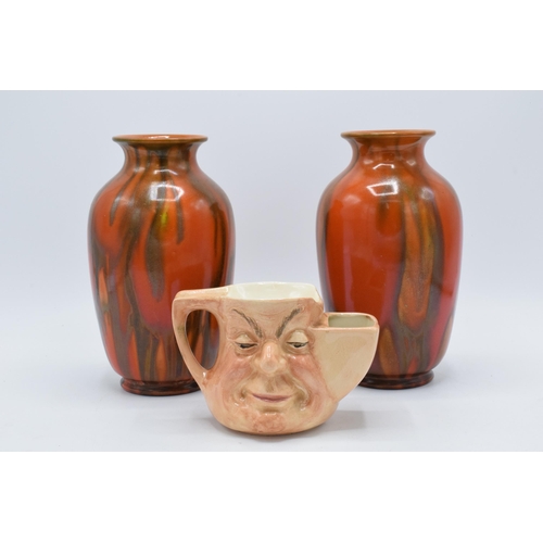 7 - A collection of pottery to include Bretby pair of orange lustre vases, Before and After shaving mug ... 