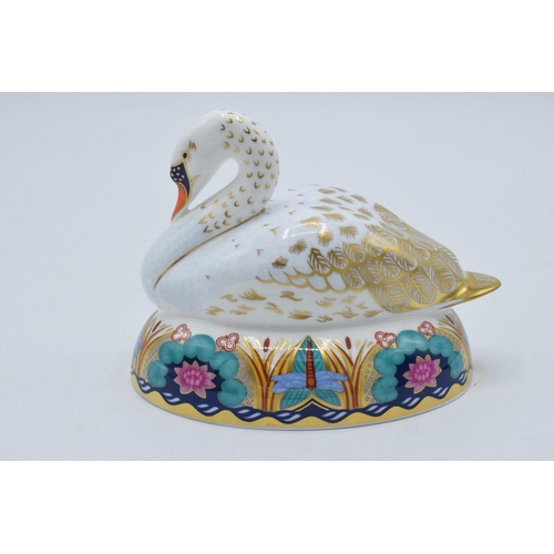 78 - Royal Crown Derby paperweight White Swan Nesting. First quality with gold stopper.