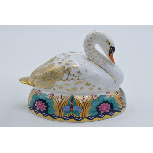 78 - Royal Crown Derby paperweight White Swan Nesting. First quality with gold stopper.