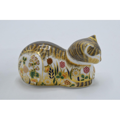 79 - Royal Crown Derby paperweight Cottage Garden Cat. First quality with gold stopper.