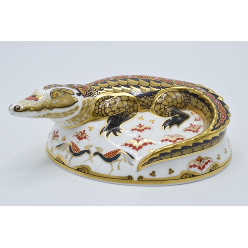 81 - Royal Crown Derby paperweight Crocodile. First quality with gold stopper.