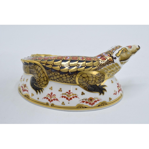 81 - Royal Crown Derby paperweight Crocodile. First quality with gold stopper.