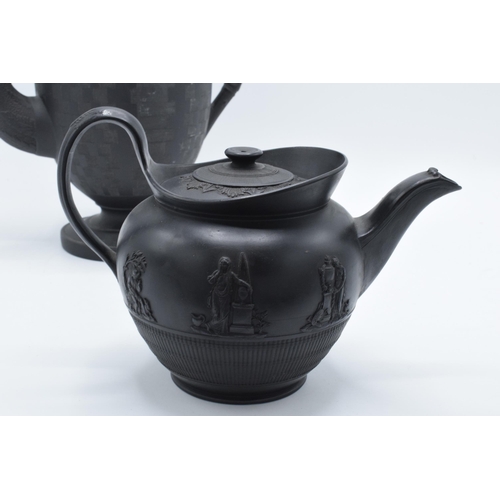 93 - A late 18th century / early 19th century, circa 1800, black basalt coffee pot and cover with engine-... 