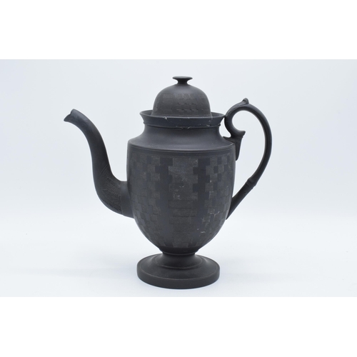 93 - A late 18th century / early 19th century, circa 1800, black basalt coffee pot and cover with engine-... 