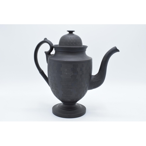 93 - A late 18th century / early 19th century, circa 1800, black basalt coffee pot and cover with engine-... 