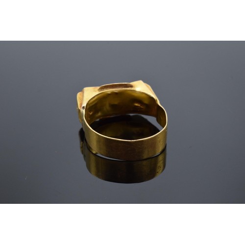 454 - High carat medieval gold ring (22ct +) set with a red stone. 4.8 grams gross weight. UK size V/W.