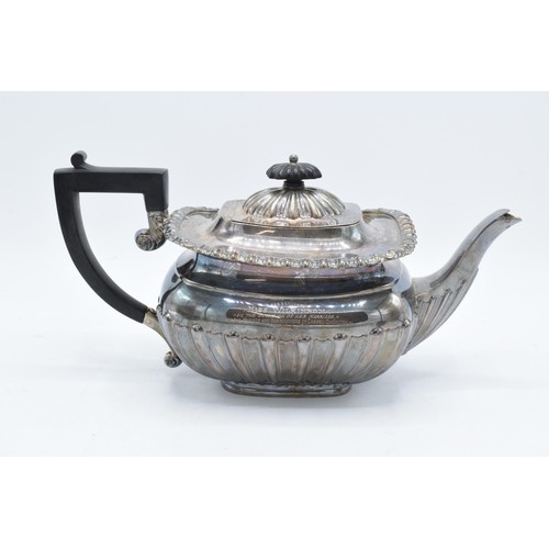 369 - Silver tea pot together with matched silver plated sugar and cream. Teapot weighs 598.8g, bearing Lo... 