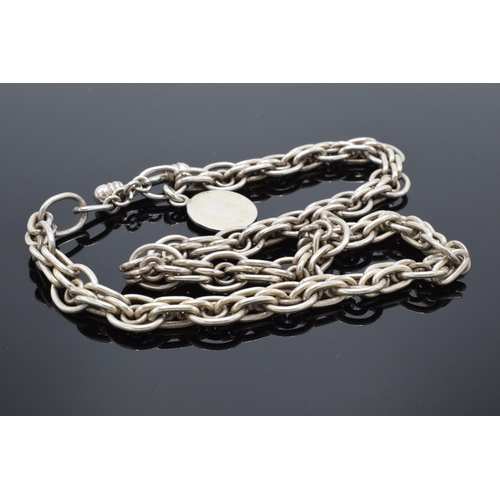 499 - A sterling silver (marked 925) link chain with T bar, in the style of an Albert watch chain. 95.4 gr... 