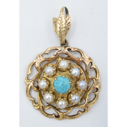 511 - 9ct gold turquoise and pearl set pendant, 4.4 grams. 35mm tall.