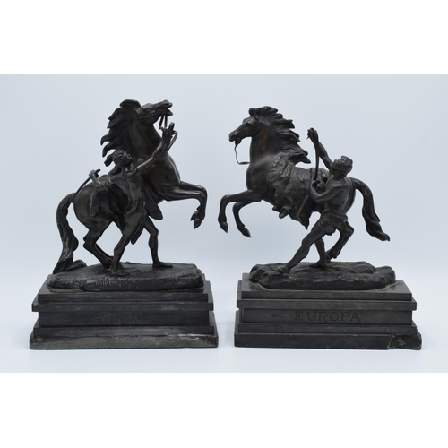 252 - A late 19th century / early 20th century pair of bronze Marley Horses, Africa and Europa with each b... 