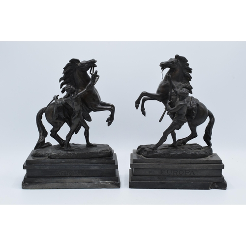 252 - A late 19th century / early 20th century pair of bronze Marley Horses, Africa and Europa with each b... 