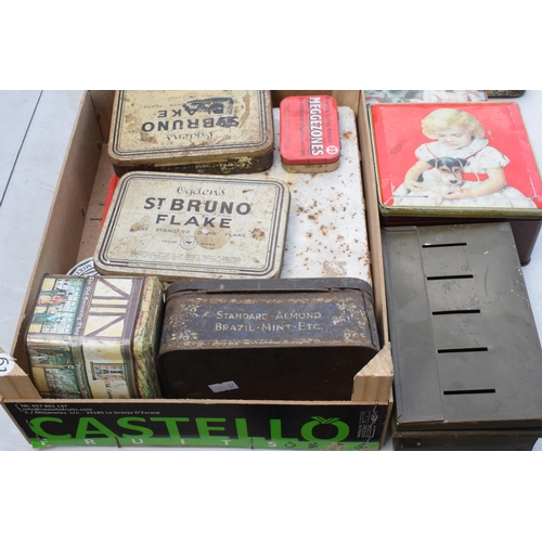 283 - A box of vintage advertising tins of varying sizes and subjects to include Ogdens, Thorn's Toffee et... 