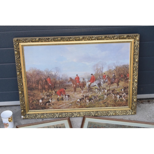 288 - Hunting interest: a collection of hunting interest items to include framed prints, one in gilt-style... 