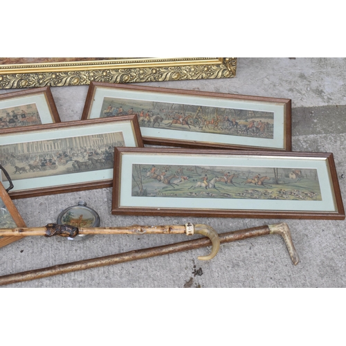 288 - Hunting interest: a collection of hunting interest items to include framed prints, one in gilt-style... 