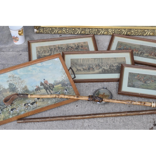 288 - Hunting interest: a collection of hunting interest items to include framed prints, one in gilt-style... 