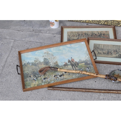 288 - Hunting interest: a collection of hunting interest items to include framed prints, one in gilt-style... 