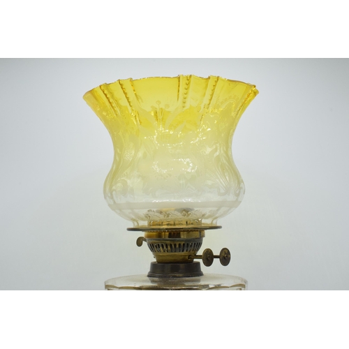 296 - An early 20th century brass oil lamp with etched yellow glass shade, 51cm tall, collection only.