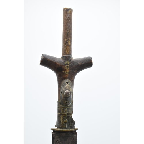 302 - A 20th century sword in scabbard with brass inlay in the wooden handle and steel blade, believed to ... 