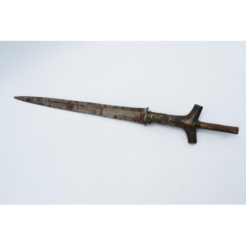 302 - A 20th century sword in scabbard with brass inlay in the wooden handle and steel blade, believed to ... 