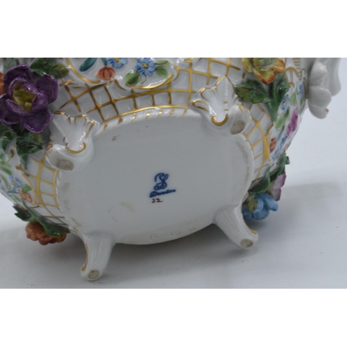 45 - Dresden porcelain pierced decoration basket with moulded flowers and floral decoration, 19.5cm wide.