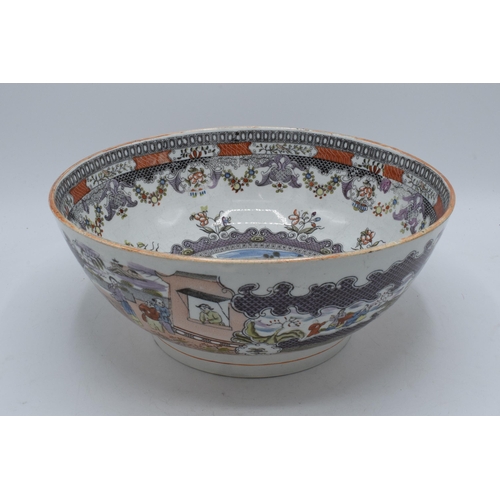 65 - A late 18th / early 19th century English pottery bowl depicting oriental scenes, 29.5cm diameter, 13... 