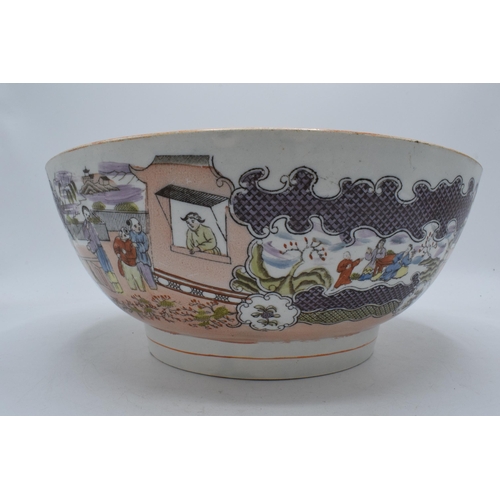 65 - A late 18th / early 19th century English pottery bowl depicting oriental scenes, 29.5cm diameter, 13... 