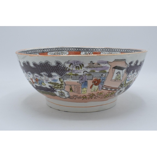 65 - A late 18th / early 19th century English pottery bowl depicting oriental scenes, 29.5cm diameter, 13... 