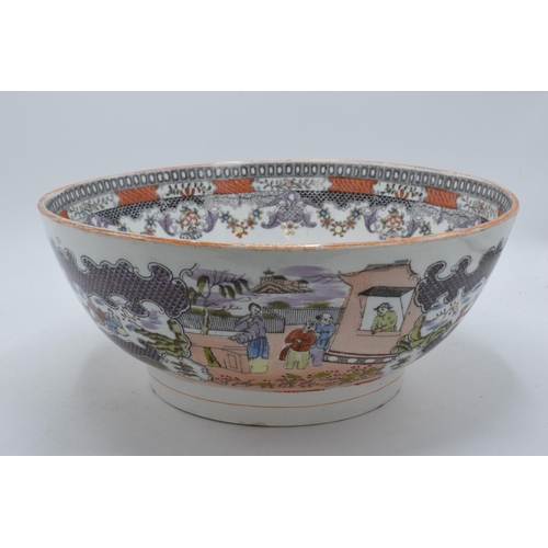 65 - A late 18th / early 19th century English pottery bowl depicting oriental scenes, 29.5cm diameter, 13... 