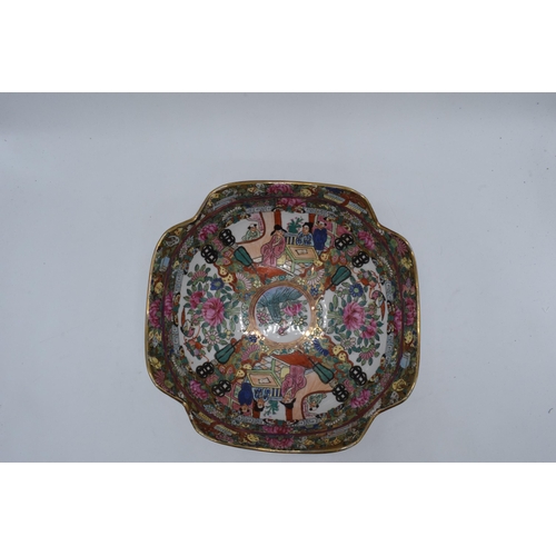 66 - A 20th century Cantonese famille rose bowl with shaped edges  depicting traditional scenes with gilt... 