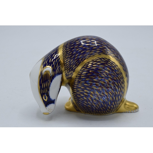 75A - Royal Crown Derby paperweight Badger, first quality with gold stopper.