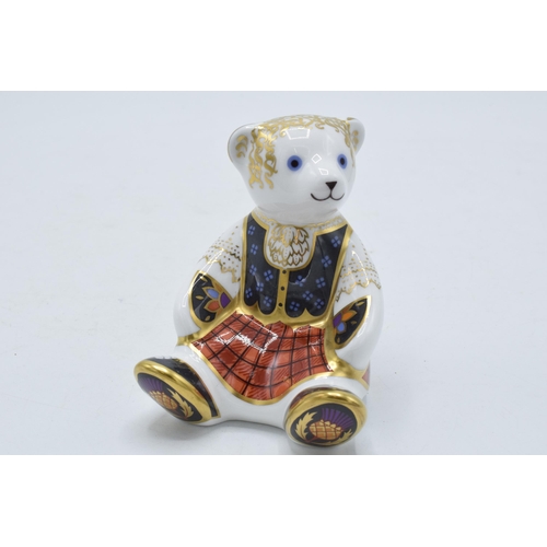 84 - Boxed Royal Crown Derby paperweight Scottish Teddy Shona Bear, first quality with gold stopper.