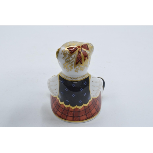 84 - Boxed Royal Crown Derby paperweight Scottish Teddy Shona Bear, first quality with gold stopper.