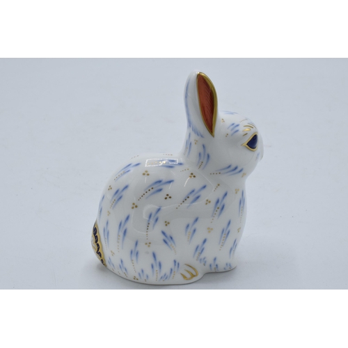 89 - Boxed Royal Crown Derby paperweight Snowy Rabbit, first quality with gold stopper.