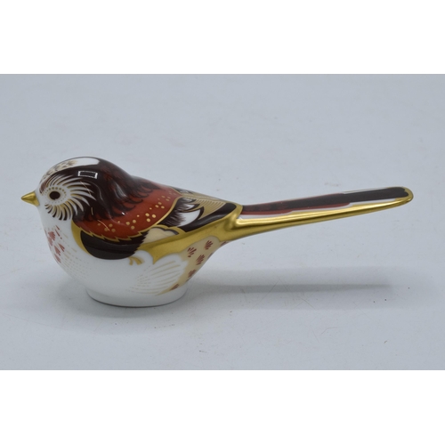 95 - Royal Crown Derby paperweight Long Tailed Tit, silver stopper.