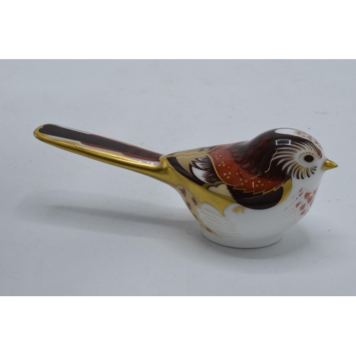 95 - Royal Crown Derby paperweight Long Tailed Tit, silver stopper.