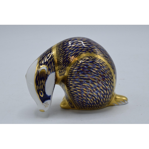 98 - Boxed Royal Crown Derby paperweight Badger, first quality with gold stopper.