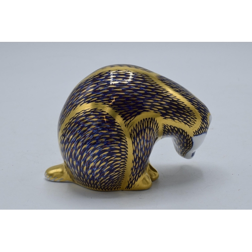 98 - Boxed Royal Crown Derby paperweight Badger, first quality with gold stopper.