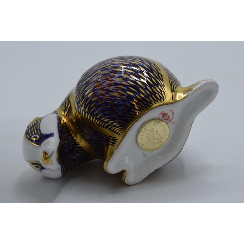 98 - Boxed Royal Crown Derby paperweight Badger, first quality with gold stopper.