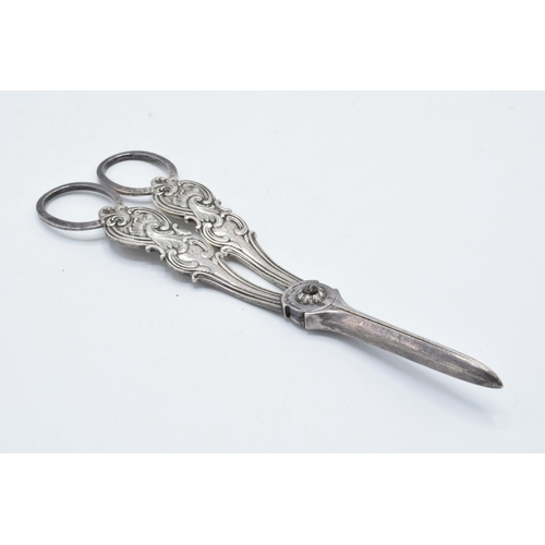 210Q - A pair of silver grape scissors, Sheffield 1844, Aaron Hadfield, 105.1 grams. 17.5cm long.