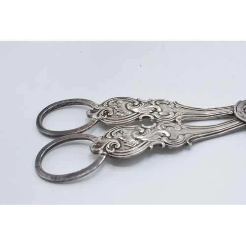 210Q - A pair of silver grape scissors, Sheffield 1844, Aaron Hadfield, 105.1 grams. 17.5cm long.