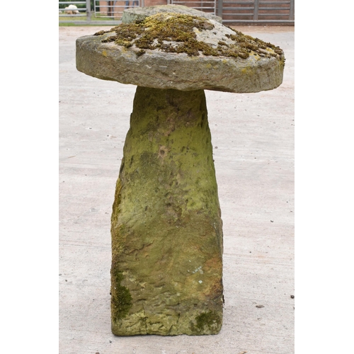 323 - Antique sandstone staddle stone with top. Approx 80cm tall and 53cm diameter.