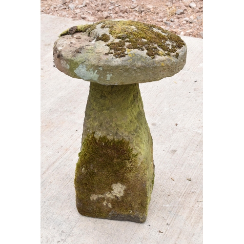 323 - Antique sandstone staddle stone with top. Approx 80cm tall and 53cm diameter.