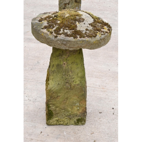 323 - Antique sandstone staddle stone with top. Approx 80cm tall and 53cm diameter.